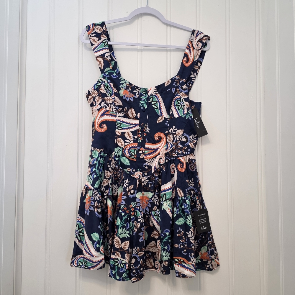 Lulus Navy Paisley Tiered Mini Dress – Sleeveless, Size Medium, NWT